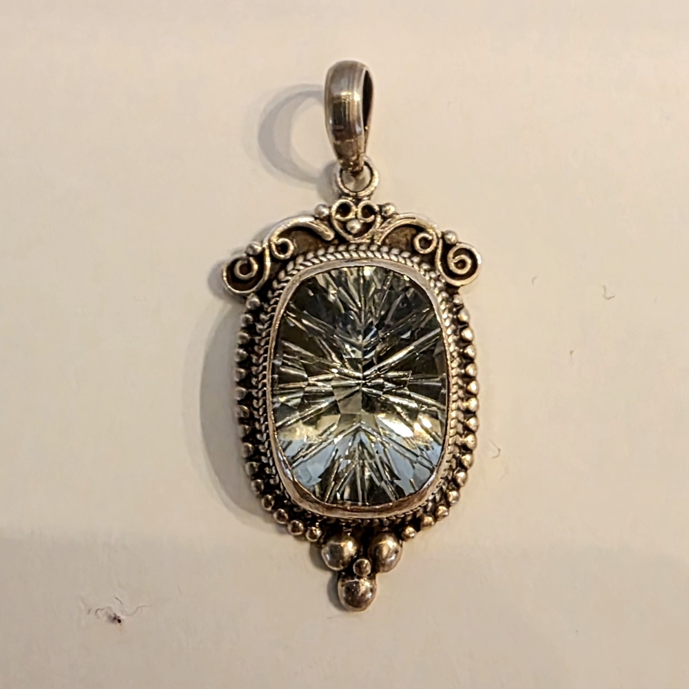 Light Green Amythest And Silver Pendant with Intricate Design